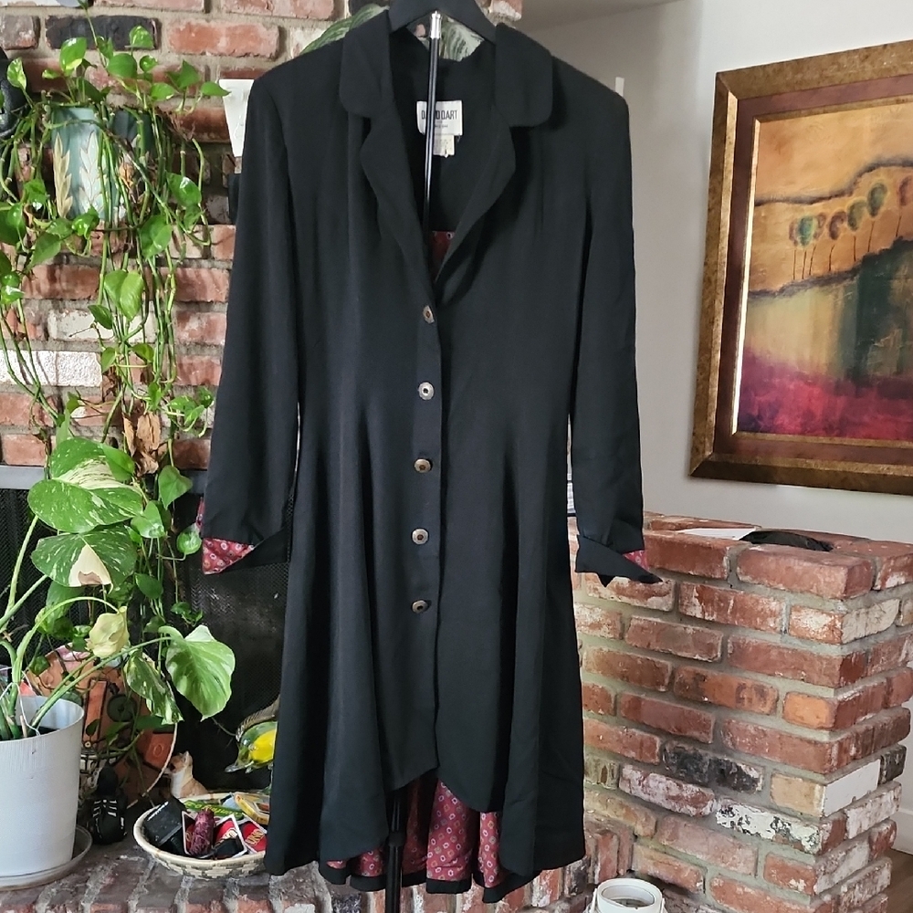 Vintage David Dart Black Long Duster Coat Button Front Minimalist 90s Women 8